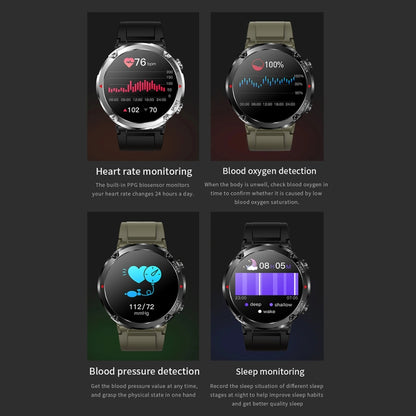 T30 1,6 pouces Sports de plein air étanche Smart Music Bluetooth Call Watch, Black, Dark Green, Black Steel+Silicone, Black Net+Silicone