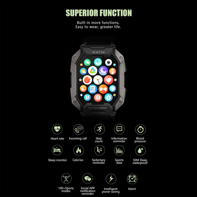 C20Plus 1,81 pouces surveillance de la santé étanche Bluetooth appel montre intelligente, Camouflage Green