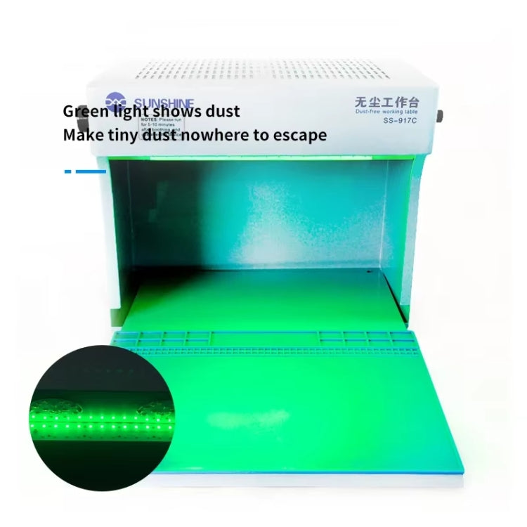 Établi de réparation d'écran de téléphone portable SUNSHINE SS-917C sans poussière, lampe à double lumière verte et blanche, banc d'opérateur pour affichage de la poussière