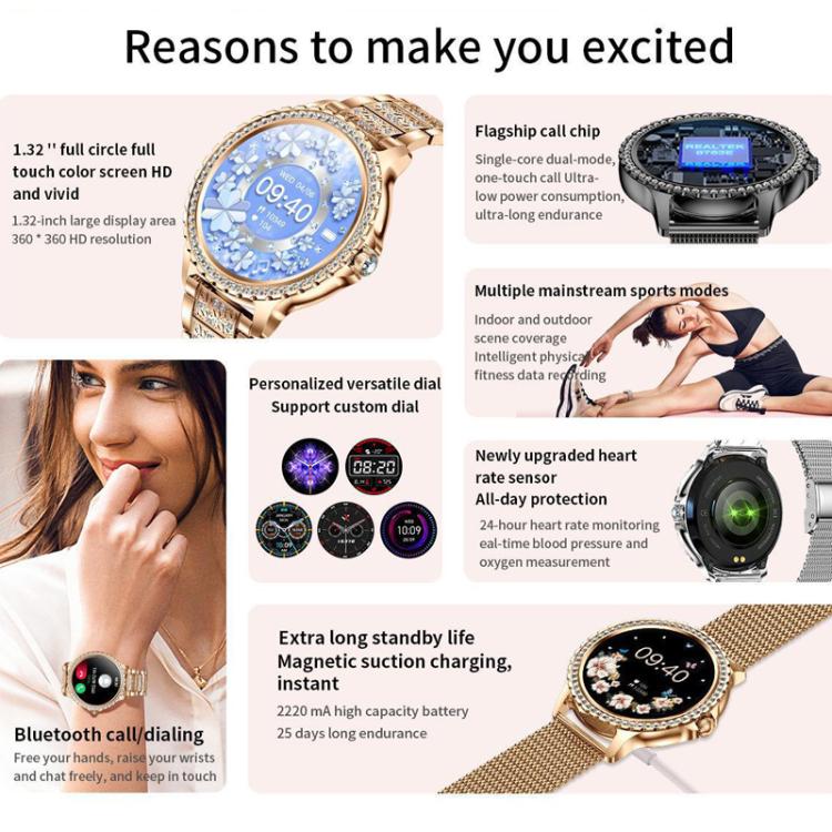 Appels Bluetooth, assistant vocal IA, montre connectée étanche pour le sport, Black Silicone Strap, Gold Pink Silicone Strap, Silver Gray Silicone Strap, Gold Rough Steel Strap+Pink Silicone Strap, Silver Rough Steel Strap+Gray Silicone Strap          ...