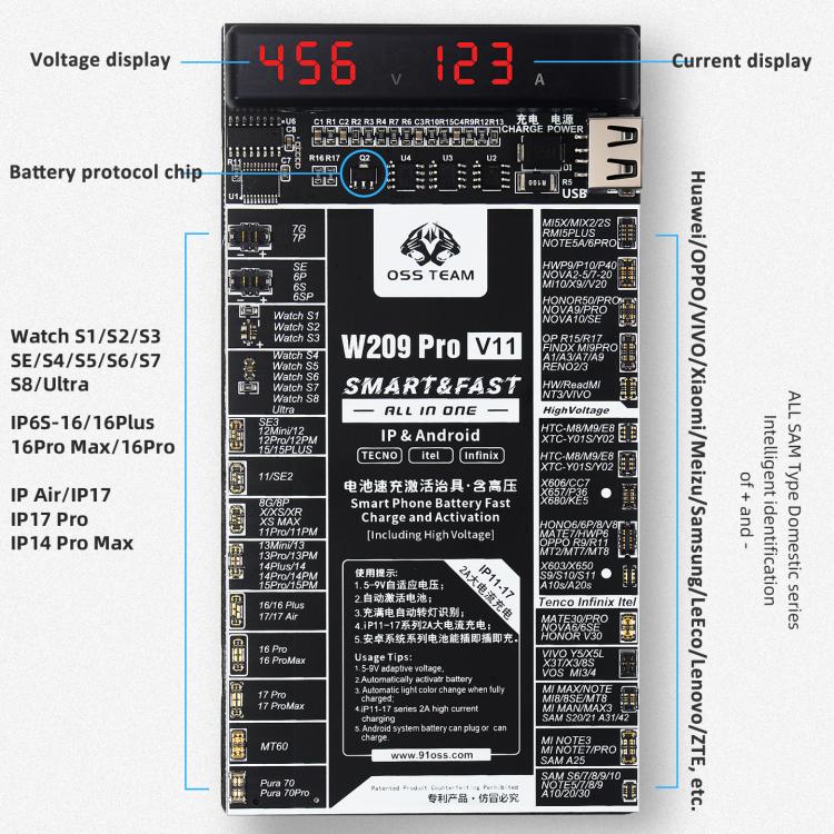 Carte d'activation de batterie OSS TEAM W209 PRO V11 haute tension 7,4 V pour iPhone séries 6 à 17 et appareils Android, W209 PRO V11