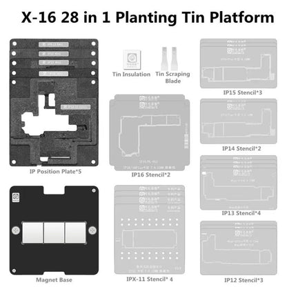 Ensemble de plateforme de plantation en étain 28 en 1 AMAO X-16 avec base magnétique, plaque de positionnement, couche intermédiaire et filet de soudure.