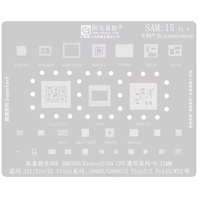 Outil de réparation et de soudage par pochoir de rebillage BGA AMAOE pour Samsung, SAM15 S21/S21 Ultra, SAM16 A53/A536, SAM17 S22/S22 Ultra, SAM18 A14/A54, SAM19 S23/S24, SAM20 A156U/A156E, SAM21 S25/S25+