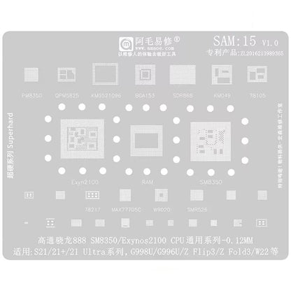 Outil de réparation et de soudage par pochoir de rebillage BGA AMAOE pour Samsung, SAM15 S21/S21 Ultra, SAM16 A53/A536, SAM17 S22/S22 Ultra, SAM18 A14/A54, SAM19 S23/S24, SAM20 A156U/A156E, SAM21 S25/S25+