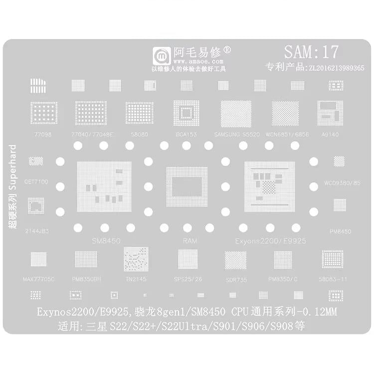 Outil de réparation et de soudage par pochoir de rebillage BGA AMAOE pour Samsung, SAM15 S21/S21 Ultra, SAM16 A53/A536, SAM17 S22/S22 Ultra, SAM18 A14/A54, SAM19 S23/S24, SAM20 A156U/A156E, SAM21 S25/S25+