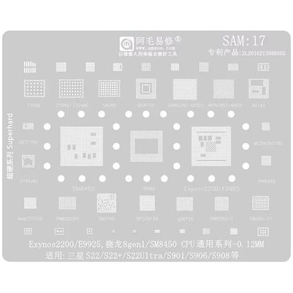 Outil de réparation et de soudage par pochoir de rebillage BGA AMAOE pour Samsung, SAM15 S21/S21 Ultra, SAM16 A53/A536, SAM17 S22/S22 Ultra, SAM18 A14/A54, SAM19 S23/S24, SAM20 A156U/A156E, SAM21 S25/S25+