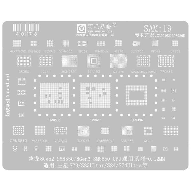 Outil de réparation et de soudage par pochoir de rebillage BGA AMAOE pour Samsung, SAM15 S21/S21 Ultra, SAM16 A53/A536, SAM17 S22/S22 Ultra, SAM18 A14/A54, SAM19 S23/S24, SAM20 A156U/A156E, SAM21 S25/S25+