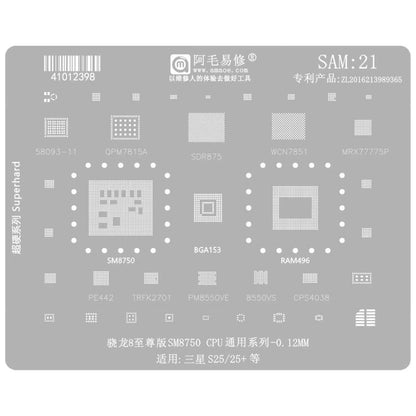 Outil de réparation et de soudage par pochoir de rebillage BGA AMAOE pour Samsung, SAM15 S21/S21 Ultra, SAM16 A53/A536, SAM17 S22/S22 Ultra, SAM18 A14/A54, SAM19 S23/S24, SAM20 A156U/A156E, SAM21 S25/S25+