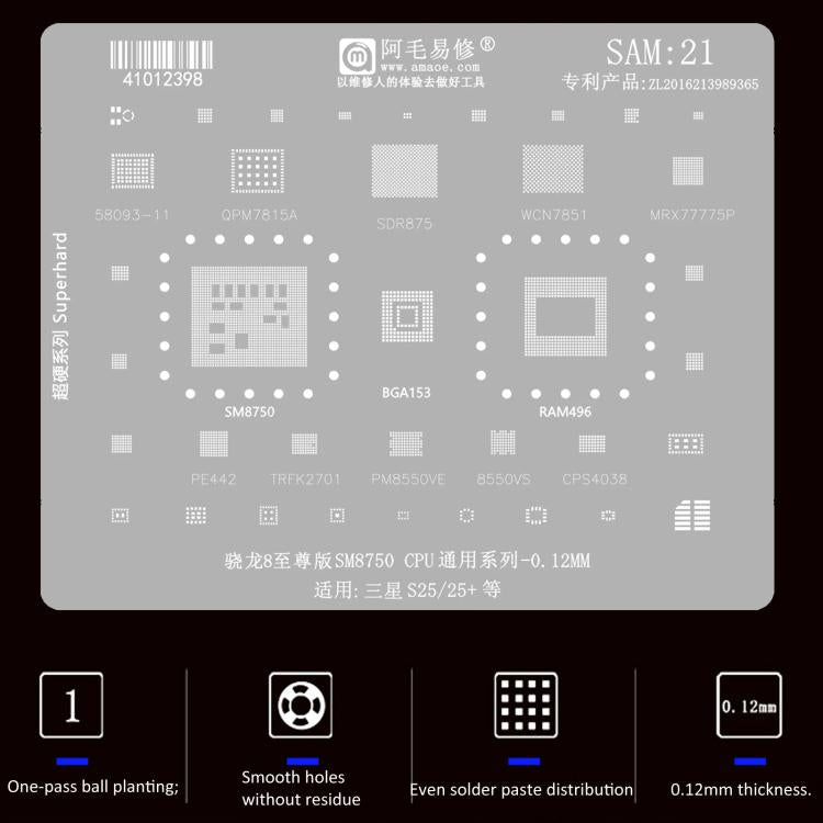 Outil de réparation et de soudage par pochoir de rebillage BGA AMAOE pour Samsung, SAM15 S21/S21 Ultra, SAM16 A53/A536, SAM17 S22/S22 Ultra, SAM18 A14/A54, SAM19 S23/S24, SAM20 A156U/A156E, SAM21 S25/S25+