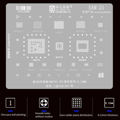 Outil de réparation et de soudage par pochoir de rebillage BGA AMAOE pour Samsung, SAM15 S21/S21 Ultra, SAM16 A53/A536, SAM17 S22/S22 Ultra, SAM18 A14/A54, SAM19 S23/S24, SAM20 A156U/A156E, SAM21 S25/S25+