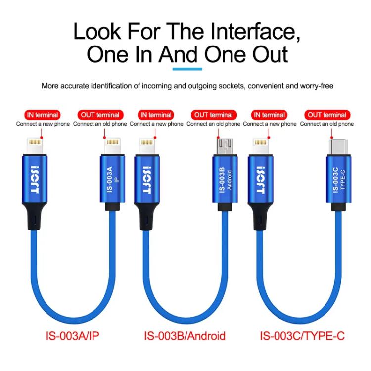 Câble combiné de transfert de données pour la réparation de téléphones, ISOFT IS-003A 8 Pin To 8 Pin, ISOFT IS-003B 8 Pin To USB, ISOFT IS-003B 8 Pin To Type-C