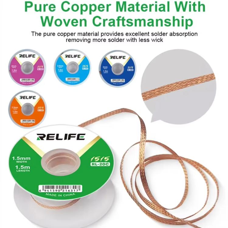 Ruban adhésif de nettoyage de soudures pour circuits imprimés RELIFE RL-20C, résistant à la corrosion, pour le retrait des soudures., 1.5mm x 1.5m, 2mm x 1.5m, 2.5mm x 1.5m, 3mm x 1.5m, 3.5mm x 1.5m