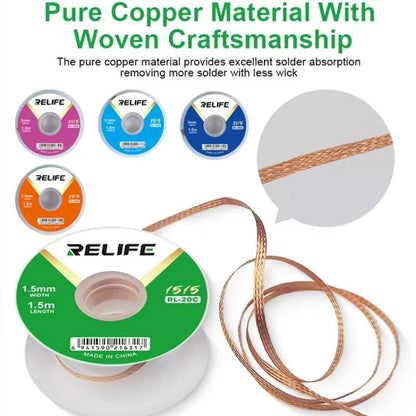 Ruban adhésif de nettoyage de soudures pour circuits imprimés RELIFE RL-20C, résistant à la corrosion, pour le retrait des soudures., 1.5mm x 1.5m, 2mm x 1.5m, 2.5mm x 1.5m, 3mm x 1.5m, 3.5mm x 1.5m