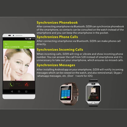DZ09 Écran 1,56 pouces Bluetooth 3.0 Smart Watch Phone