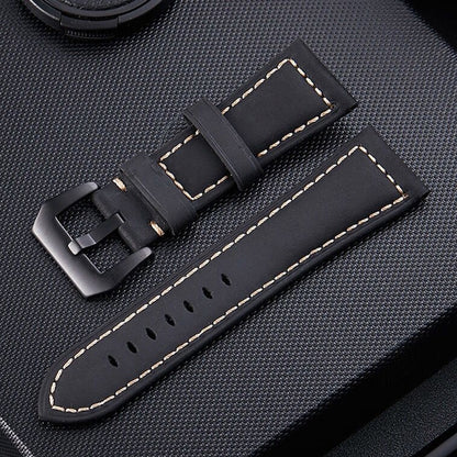 Crazy Horse Layer Bracelet de montre en cuir avec boucle noire givrée, taille : 24 mm