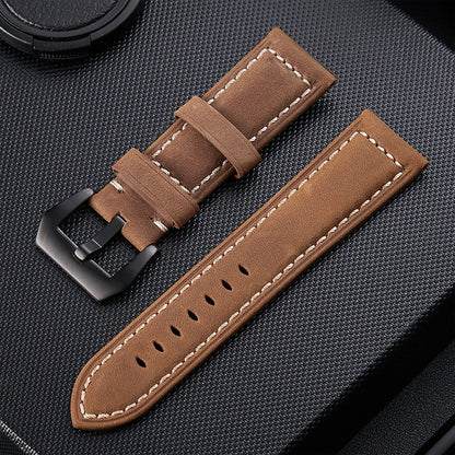 Crazy Horse Layer Bracelet de montre en cuir avec boucle noire givrée, taille : 24 mm