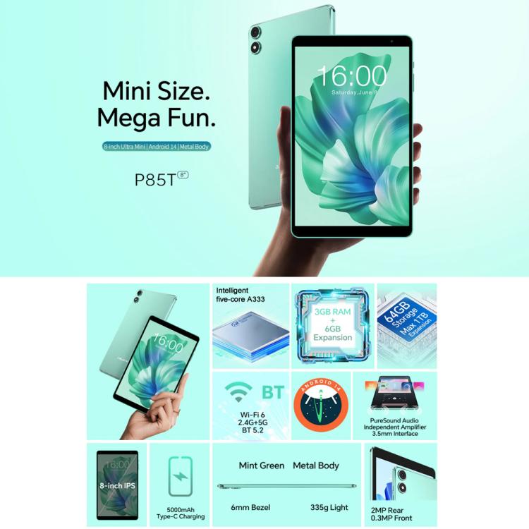 Tablette PC Teclast P85 8 pouces WiFi6, 3 Go + 64 Go, Android 15 Allwinner A333 5 cœurs (Vert menthe), P85