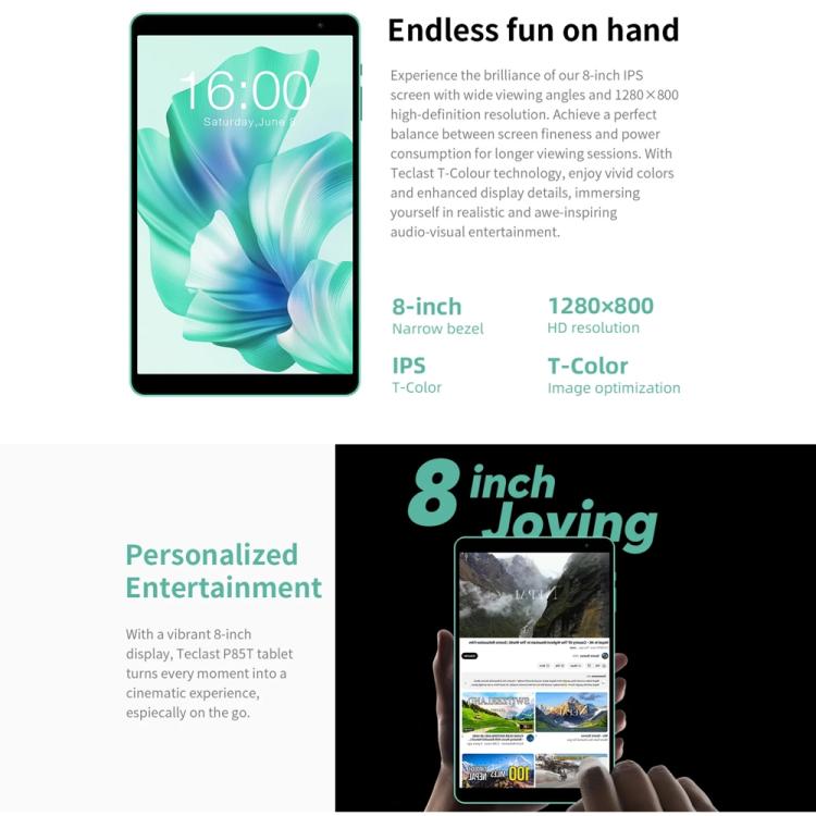 Tablette PC Teclast P85 8 pouces WiFi6, 3 Go + 64 Go, Android 15 Allwinner A333 5 cœurs (Vert menthe), P85