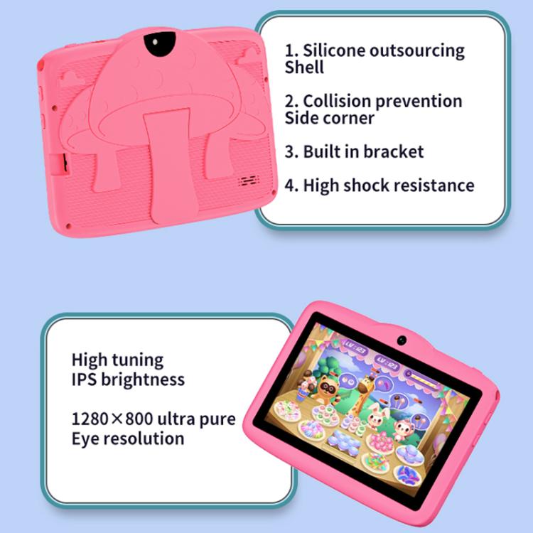Tablette PC enfant BDF 7 pouces WiFi avec étui en silicone champignon, 2 Go + 32 Go, Android 8.1, processeur quadricœur MTK6735, prise US, 4GB+64GB