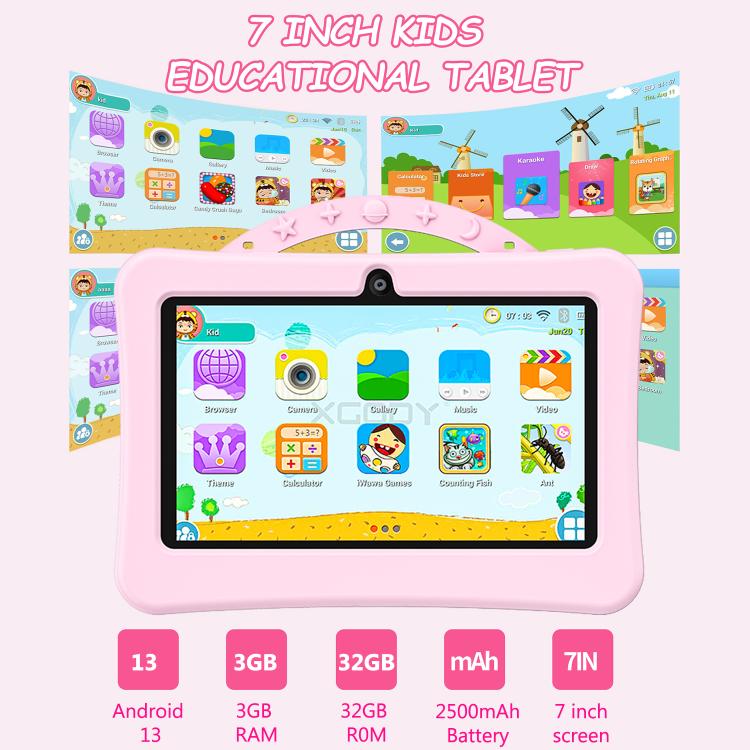 Tablette PC enfant BDF 7 pouces WiFi avec étui de transport en silicone motif astronaute, 1 Go + 16 Go, Android 8.1, processeur quadricœur MTK6735, prise US, 3GB+32GB
