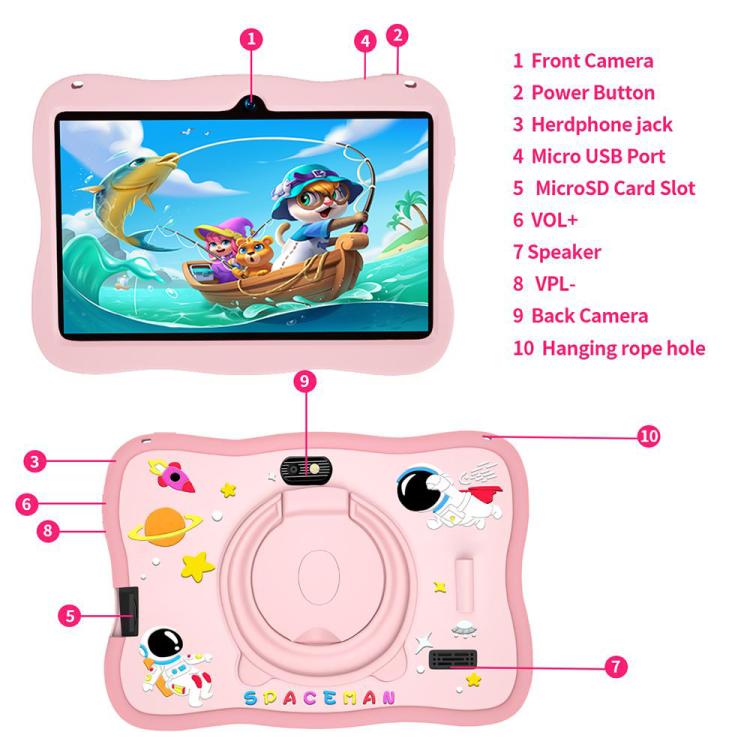 Tablette PC enfant BDF 7 pouces WiFi avec coque en silicone astronaute, 2 Go + 32 Go, Android 8.1, processeur quadricœur MTK6735, prise US, 4GB+64GB