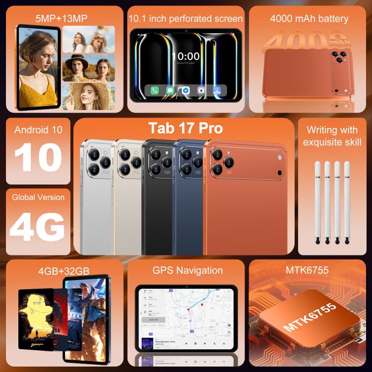 Tablette PC Tab 17 Pro 10,1 pouces 4G LTE, 4 Go + 32 Go, Android 10, processeur octocœur MTK6755, prise britannique, UK Plug